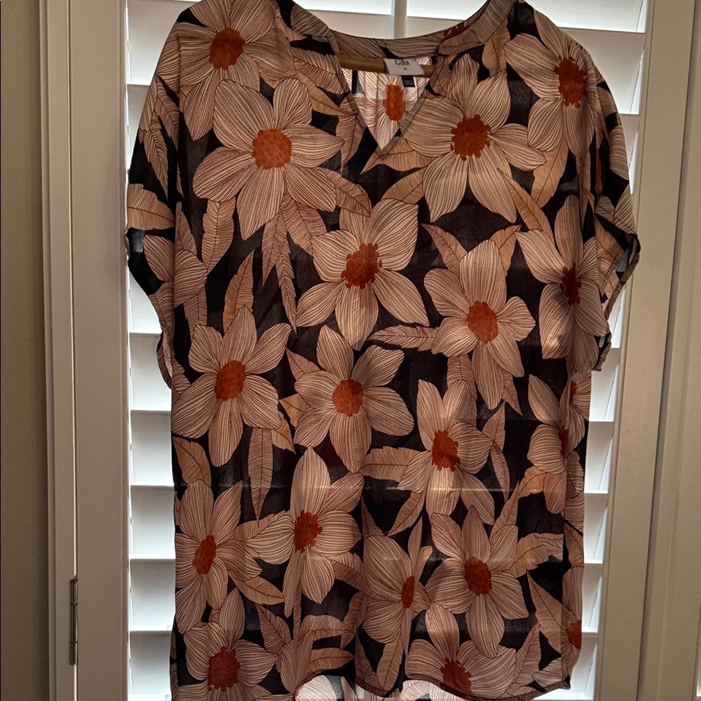 CAbi Black Floral Short-Sleeve Blouse with Cream & Rust Flowers